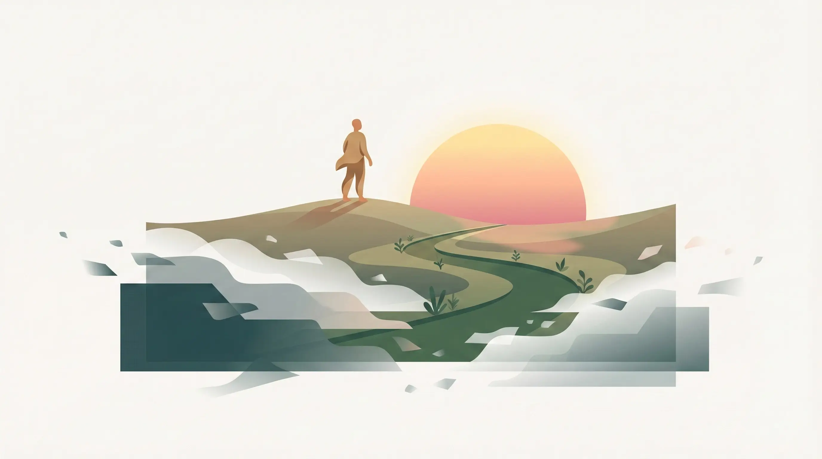 Une illustration montrant un homme sur un sommet de montagne, regardant le soleil se lever